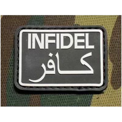 Шеврон "INFIDEL", PVC на велкро, 50x35 мм (белый на черном)