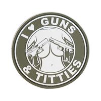 Шеврон "I love guns & Titties", PVC на велкро, 80x80 мм (белый на оливе)